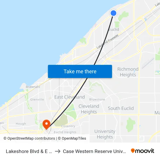 Lakeshore Blvd & E 222 to Case Western Reserve University map