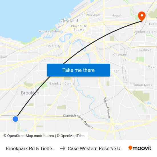 Brookpark Rd & Tiedeman Rd to Case Western Reserve University map