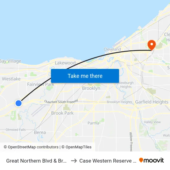 Great Northern Blvd & Brookpark Rd to Case Western Reserve University map