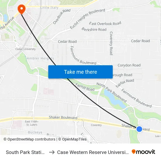 South Park Station to Case Western Reserve University map