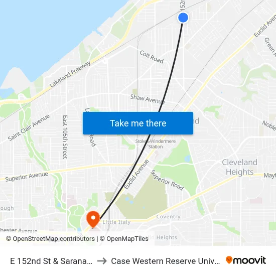E 152nd St & Saranac Rd to Case Western Reserve University map
