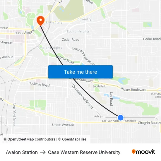 Avalon Station to Case Western Reserve University map
