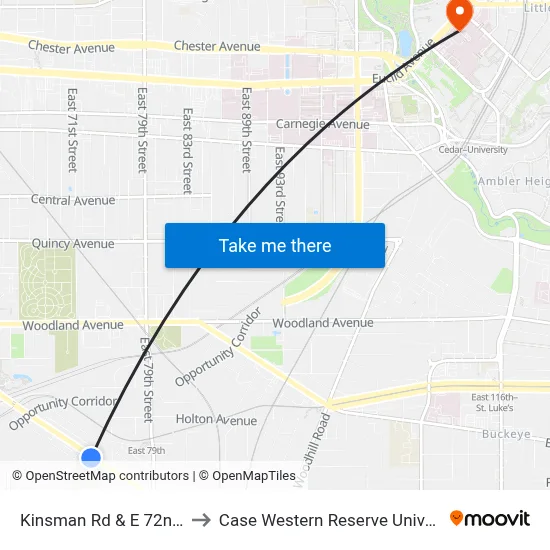 Kinsman Rd & E 72nd St to Case Western Reserve University map