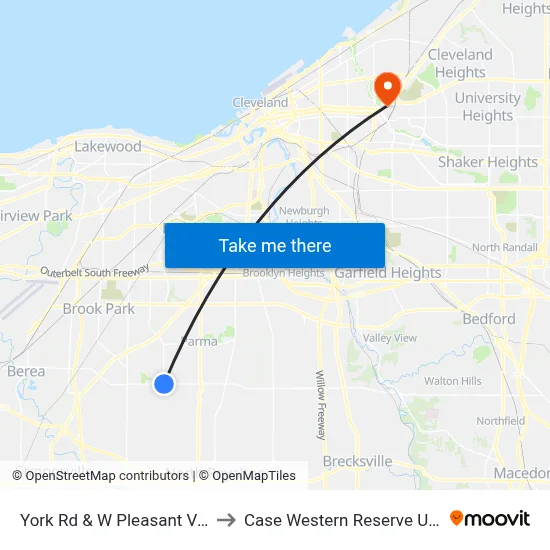 York Rd & W Pleasant Valley Rd to Case Western Reserve University map