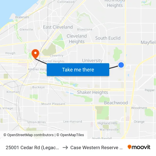 25001 Cedar Rd (Legacy Village) to Case Western Reserve University map