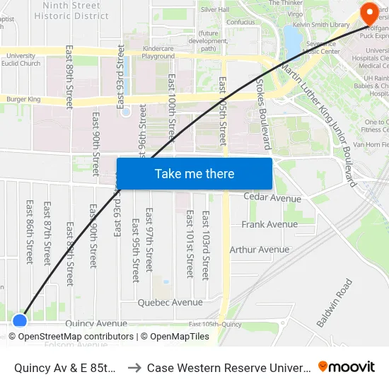Quincy Av & E 85th St to Case Western Reserve University map