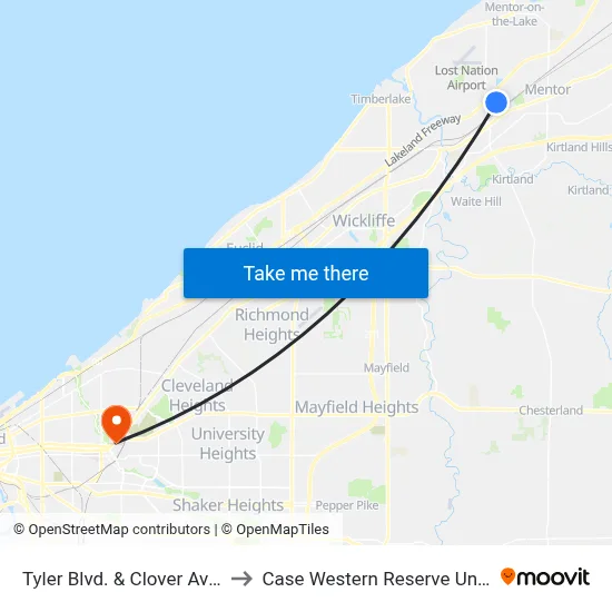 Tyler Blvd. & Clover Ave. (Eb) to Case Western Reserve University map