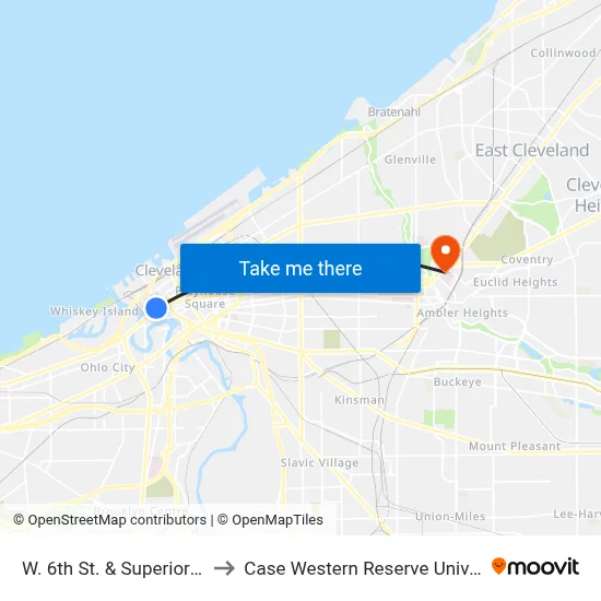 W. 6th St. & Superior Ave. to Case Western Reserve University map