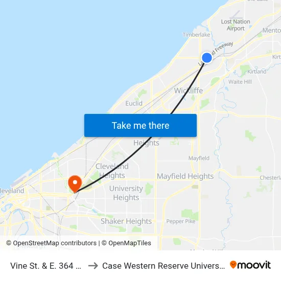 Vine St. & E. 364 St. to Case Western Reserve University map