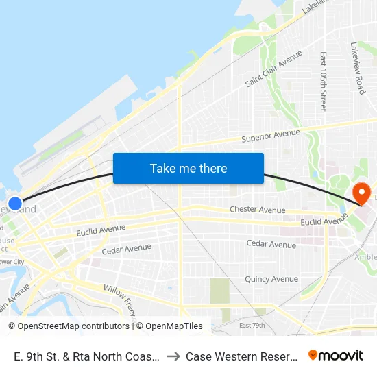 E. 9th St. & Rta North Coast Rapid Station to Case Western Reserve University map