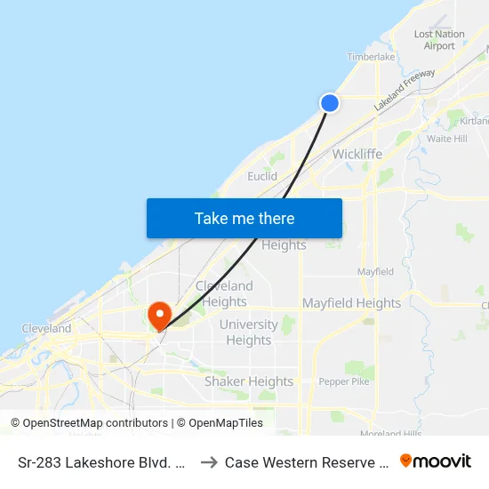 Sr-283 Lakeshore Blvd. & E. 305 St to Case Western Reserve University map
