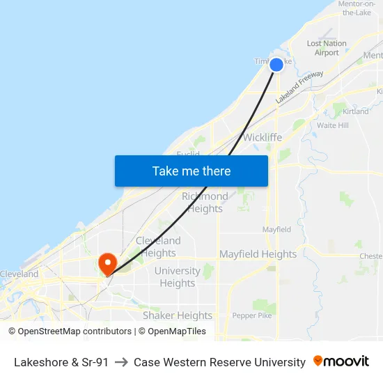 Lakeshore & Sr-91 to Case Western Reserve University map