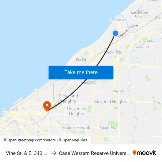 Vine St. & E. 340 St. to Case Western Reserve University map