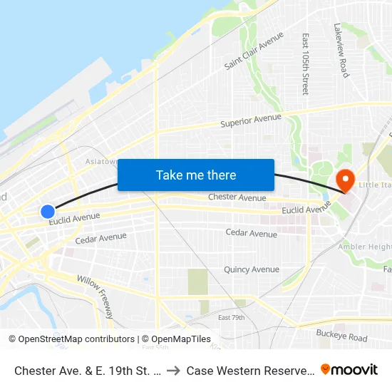 Chester Ave. & E. 19th St. (Ne Corner) to Case Western Reserve University map
