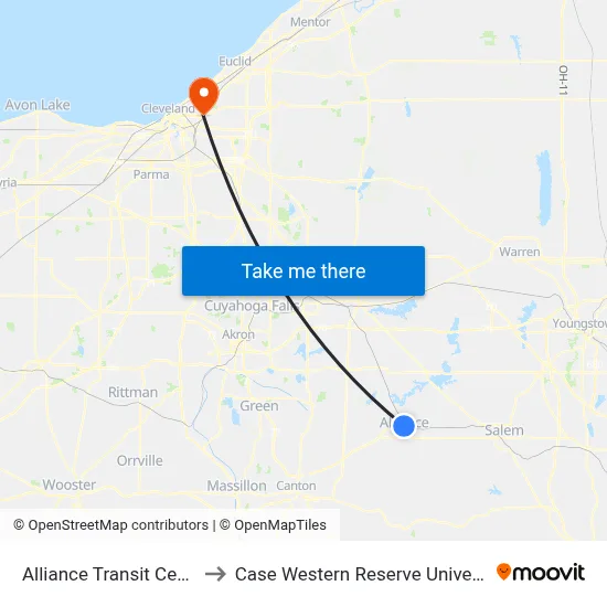 Alliance Transit Center to Case Western Reserve University map
