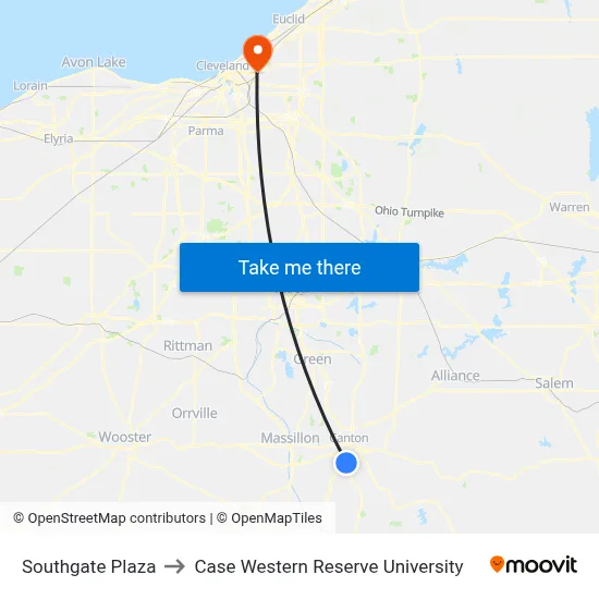 Southgate Plaza to Case Western Reserve University map