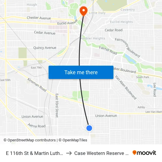 E 116th St & Martin Luther King Dr to Case Western Reserve University map