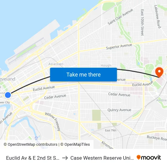 Euclid Av & E 2nd St Station to Case Western Reserve University map