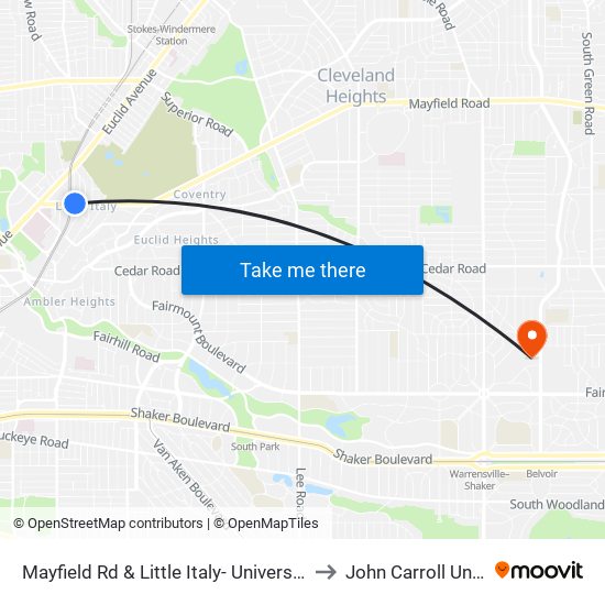 Mayfield Rd & Little Italy- University Circle Stn to John Carroll University map