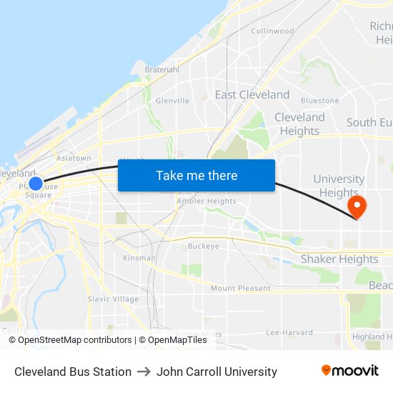 Cleveland Bus Station to John Carroll University map