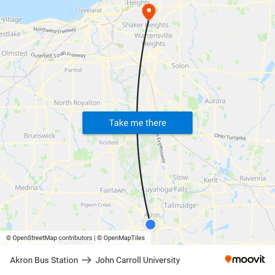 Akron Bus Station to John Carroll University map