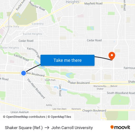 Shaker Square (Ref.) to John Carroll University map