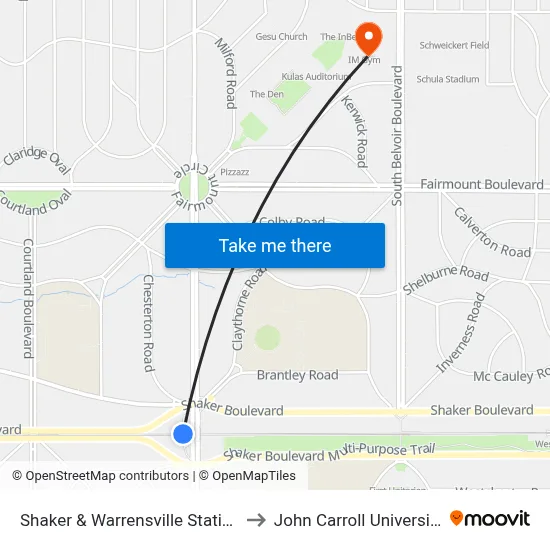 Shaker & Warrensville Station to John Carroll University map