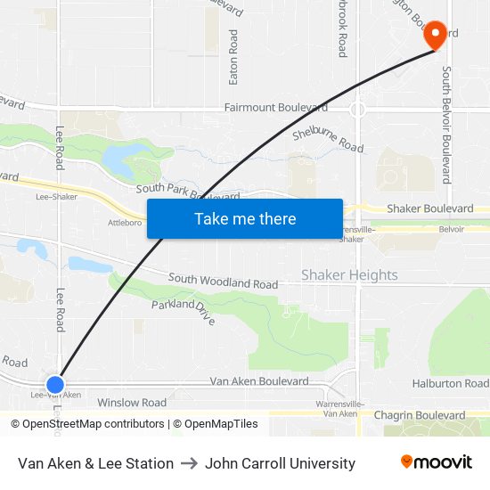 Van Aken & Lee Station to John Carroll University map