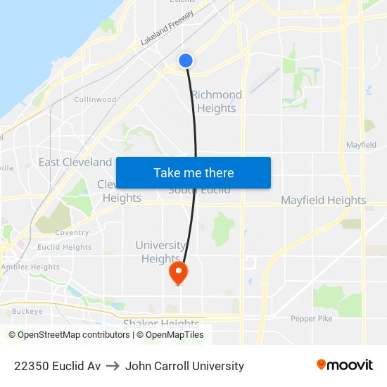 22350 Euclid Av to John Carroll University map