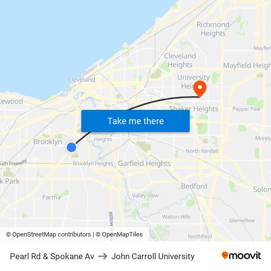 Pearl Rd & Spokane Av to John Carroll University map