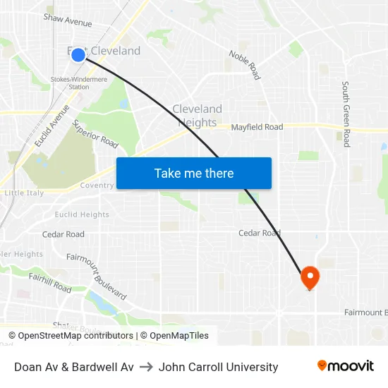 Doan Av & Bardwell Av to John Carroll University map