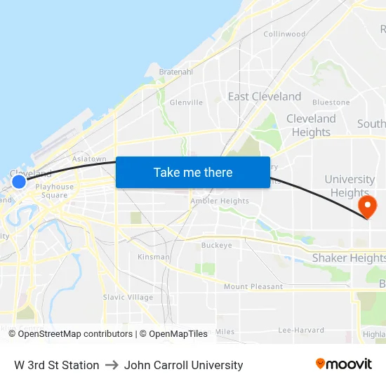 W 3rd St Station to John Carroll University map