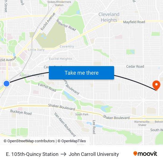 E. 105th-Quincy Station to John Carroll University map