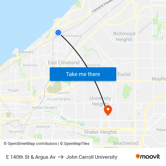 E 140th St & Argus Av to John Carroll University map