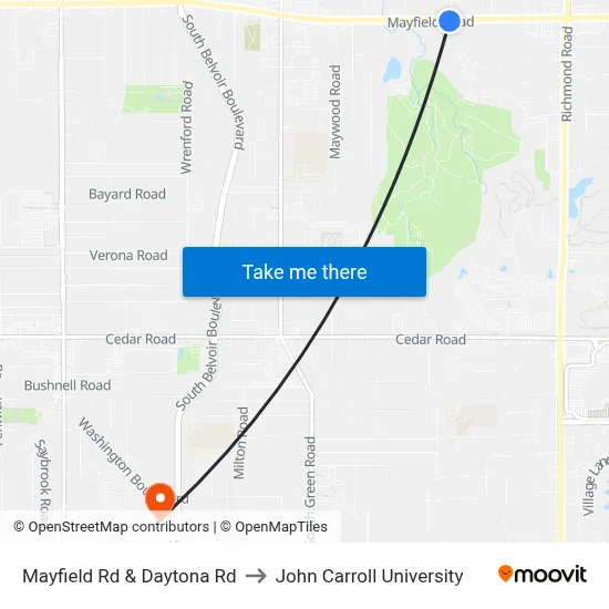 Mayfield Rd & Daytona Rd to John Carroll University map