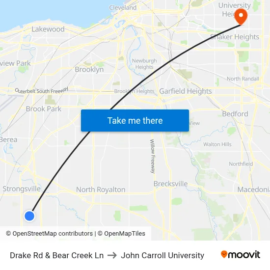 Drake Rd & Bear Creek Ln to John Carroll University map