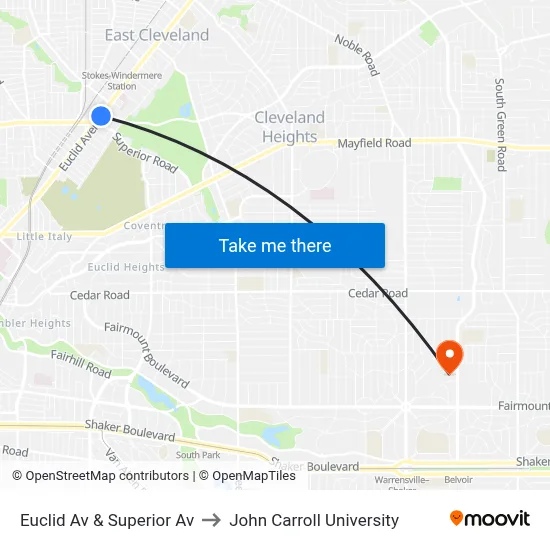 Euclid Av & Superior Av to John Carroll University map