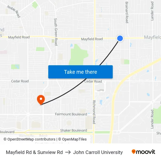 Mayfield Rd & Sunview Rd to John Carroll University map