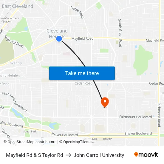 Mayfield Rd & S Taylor Rd to John Carroll University map