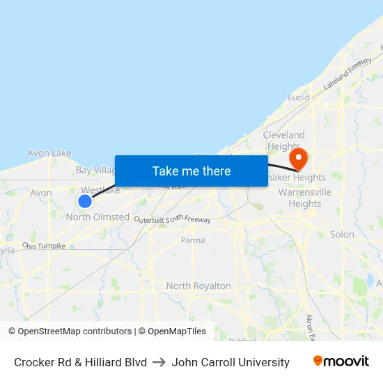 Crocker Rd & Hilliard Blvd to John Carroll University map