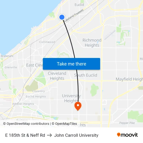 E 185th St & Neff Rd to John Carroll University map