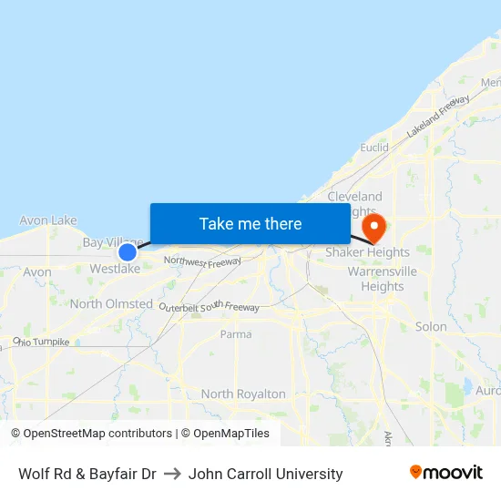 Wolf Rd & Bayfair Dr to John Carroll University map