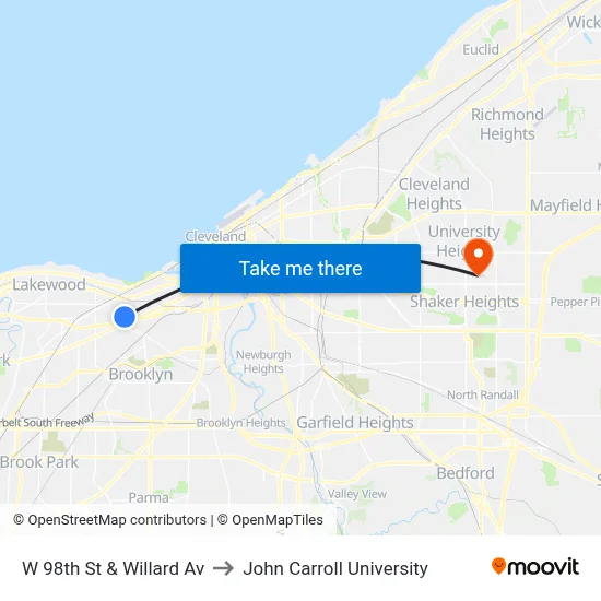W 98th St & Willard Av to John Carroll University map