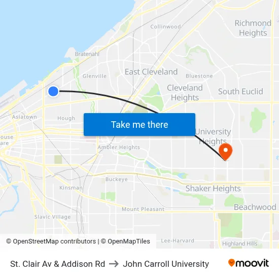 St. Clair Av & Addison Rd to John Carroll University map