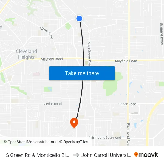 S Green Rd & Monticello Blvd to John Carroll University map
