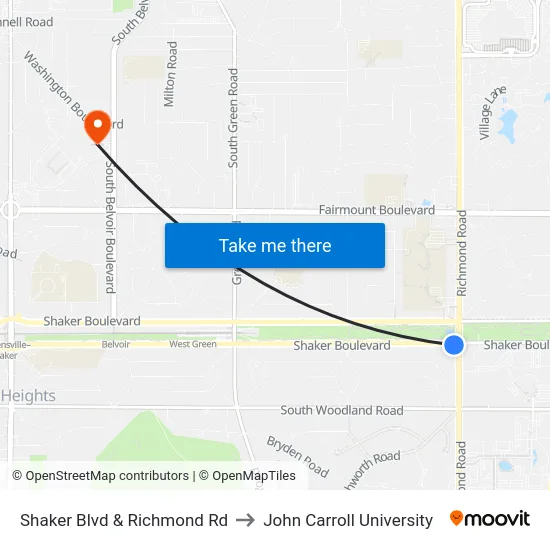 Shaker Blvd & Richmond Rd to John Carroll University map