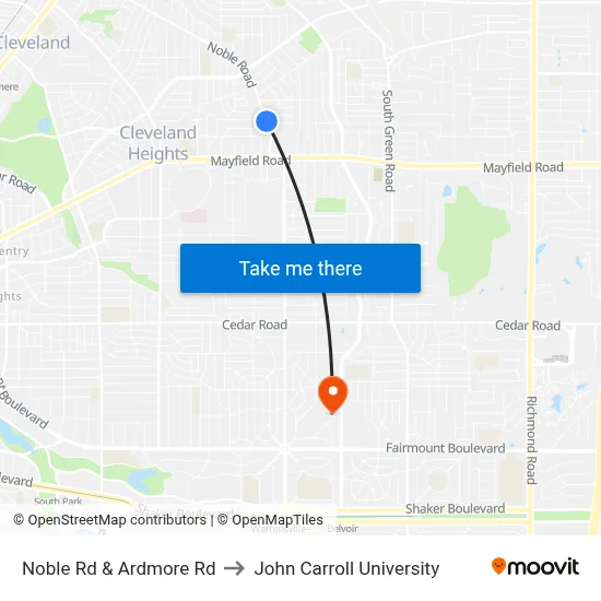 Noble Rd & Ardmore Rd to John Carroll University map