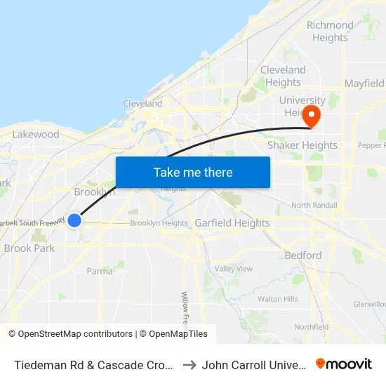 Tiedeman Rd & Cascade Crossing to John Carroll University map