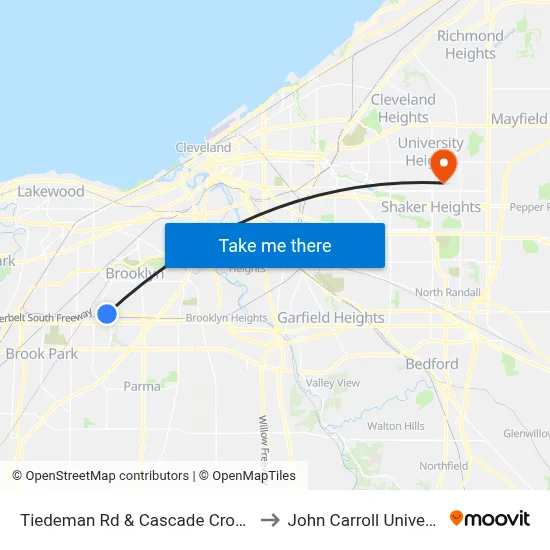 Tiedeman Rd & Cascade Crossing to John Carroll University map