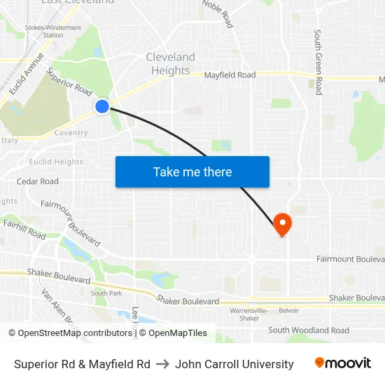 Superior Rd & Mayfield Rd to John Carroll University map